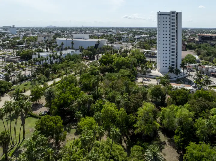 Vista aérea de Los Mochis con el Teatro Ingenio y la arboleda del Jardín Botánico